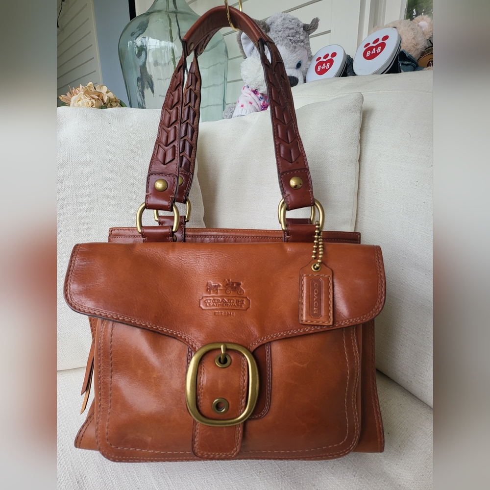 Coach Tan/Brown Leather Shoulder Bag with Brass Buckle